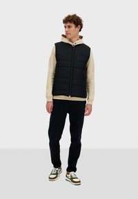 Czarna kamizelka puchowa z poziomymi przeszyciami, zamkiem błyskawicznym z przodu i bocznymi kieszeniami, nałożona na beżowy hoodie, zestawiona z czarnymi spodniami i wielokolorowymi trampkami.