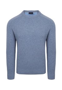 Lichtblauwe, lange mouwen, crew neck gebreide trui met geribde manchetten en zoom, weergegeven op een witte achtergrond.
