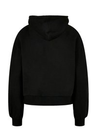 Schwarzer Hoodie mit langen Ärmeln, gerippten Bündchen und Saum, von hinten vor einem weißen Hintergrund gezeigt.