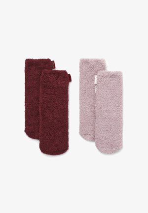 Set di quattro calzini alla caviglia morbidi in due colorazioni: due bordeaux e due rosa chiaro. Texture soffice con un design spesso e caldo per il massimo comfort.