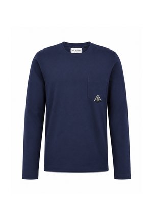 Maglietta blu navy a maniche lunghe con scollo rotondo e taschino sul petto con piccola toppa triangolare del logo.
