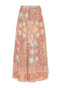 Multifarvet maxi nederdel med smocket talje, paisley-mønstre og kontrasterende dekorative bånd i kanten, fremstillet af blød og letvægtig stof.