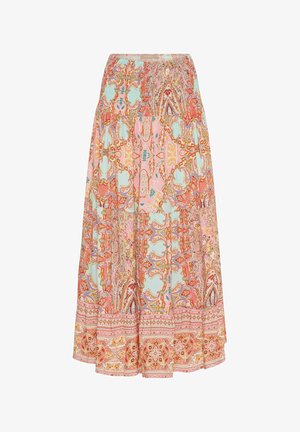 Multifarvet maxi nederdel med smocket talje, paisley-mønstre og kontrasterende dekorative bånd i kanten, fremstillet af blød og letvægtig stof.