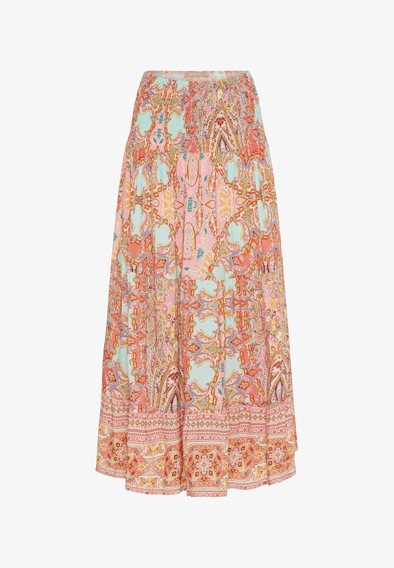 Multifarvet maxi nederdel med smocket talje, paisley-mønstre og kontrasterende dekorative bånd i kanten, fremstillet af blød og letvægtig stof.