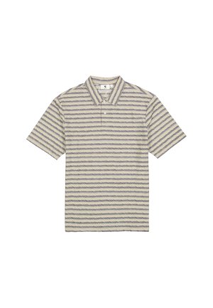 Polo met korte mouwen en een kraag, uitgevoerd in een crèmekleurige basis met dunne blauwe horizontale strepen, gemaakt van een zachte stof.