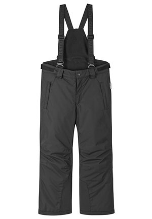 Black waterproof snow pants with adjustable straps, elastic waist, two side pockets, and a smooth, textured finish.