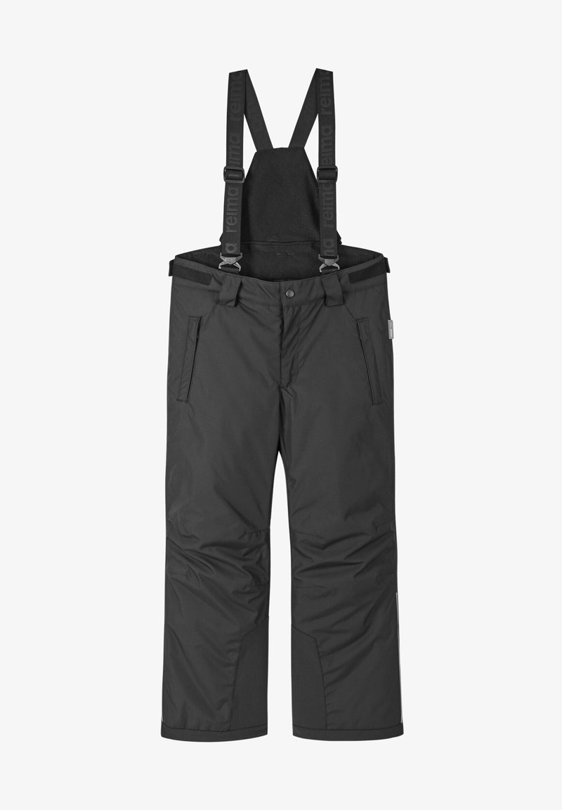 Svarta vattentäta snöbyxor med justerbara remmar, elastisk midja, två sidofickor och en slät, texturerad finish.