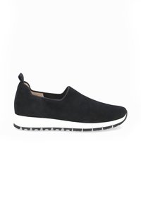 Black suede slip-on shoes with a white midsole and textured black rubber outsole. Smooth upper with minimal stitching and a back pull tab.