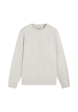 Sudadera gris claro con cuello redondo, mangas largas y un logo texturizado "SCALPERS" en el frente. Hecha de tela suave.