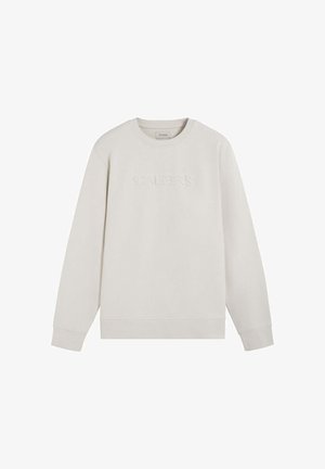 Sudadera gris claro con cuello redondo, mangas largas y un logo texturizado "SCALPERS" en el frente. Hecha de tela suave.