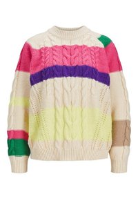 Maglione a maglia multicolore con motivo a treccia. I colori includono rosa, viola, giallo, verde e crema. Polsini e orlo a coste.