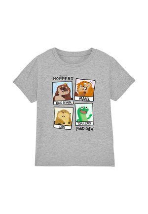 Gray children's t-shirt with cartoon portraits of four animals named King George, Mabel, Loaf, and Tom Lizard labeled "Hoppers Pond Crew."