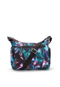 Floral shoulder bag with a black background, featuring blue and purple flowers. It has a zip closure, adjustable strap, and side pockets.