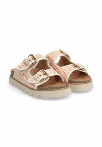 Deux pare-bottes à glissière avec un dessus en tissu doux et texturé de couleur multicolore comprenant des motifs roses et jaunes, des boucles métalliques réglables, et une semelle blanche épaisse.