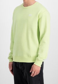 Green sweatshirt made of soft fabric, featuring a crew neckline and ribbed cuffs. Small white logo on the chest. Paired with dark jeans.