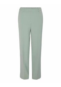 Svetlo zelene hlače po meri z gladkim teksturom, ravnim krojem in minimalnimi detajli. Ravni pas z zankami za pas, brez vidnih žepov.