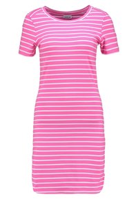 Pink short-sleeve dress with white horizontal stripes, made from soft fabric, featuring a round neckline and fitted shape.