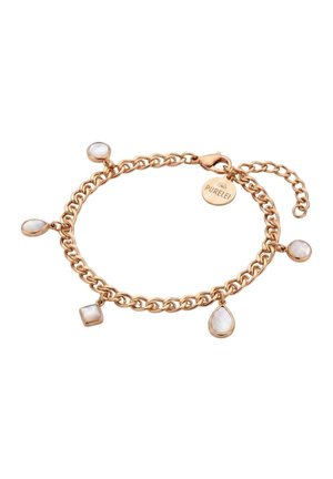 Goldenes Kettenarmband mit fünf weißen Edelsteinanhängern in verschiedenen Formen und einem kleinen runden Anhänger.