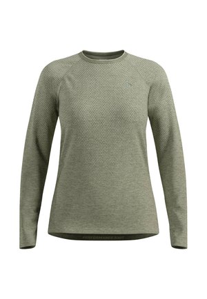 Herren Langarm-Performance-Strickshirt in Olivgrün mit strukturiertem oberen Brustbereich und Raglanärmeln.