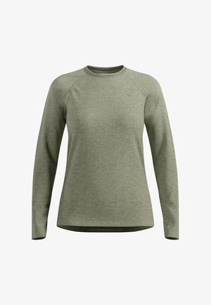 Herren Langarm-Performance-Strickshirt in Olivgrün mit strukturiertem oberen Brustbereich und Raglanärmeln.