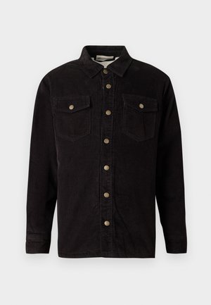 Schwarze Kordstoff-Hemdjacke mit Knopfleiste, zwei Brusttaschen und metallischen Knopfakzenten. Sie verfügt über einen klassischen Kragen und lange Ärmel.