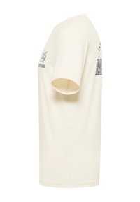 Cream-colored cotton T-shirt with short sleeves, featuring printed text and a graphic detail on the front. Straight hem, classic fit.