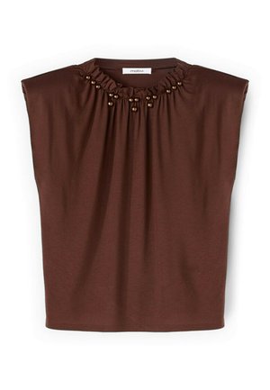 Top sans manches marron foncé avec un col froncé orné de petites perles rondes le long du détail volanté.