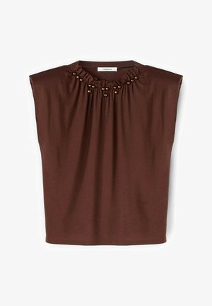 Bezrękawnik w ciemnym brązie z marszczonym dekoltem zdobionym małymi, okrągłymi koralikami wzdłuż falbanki.