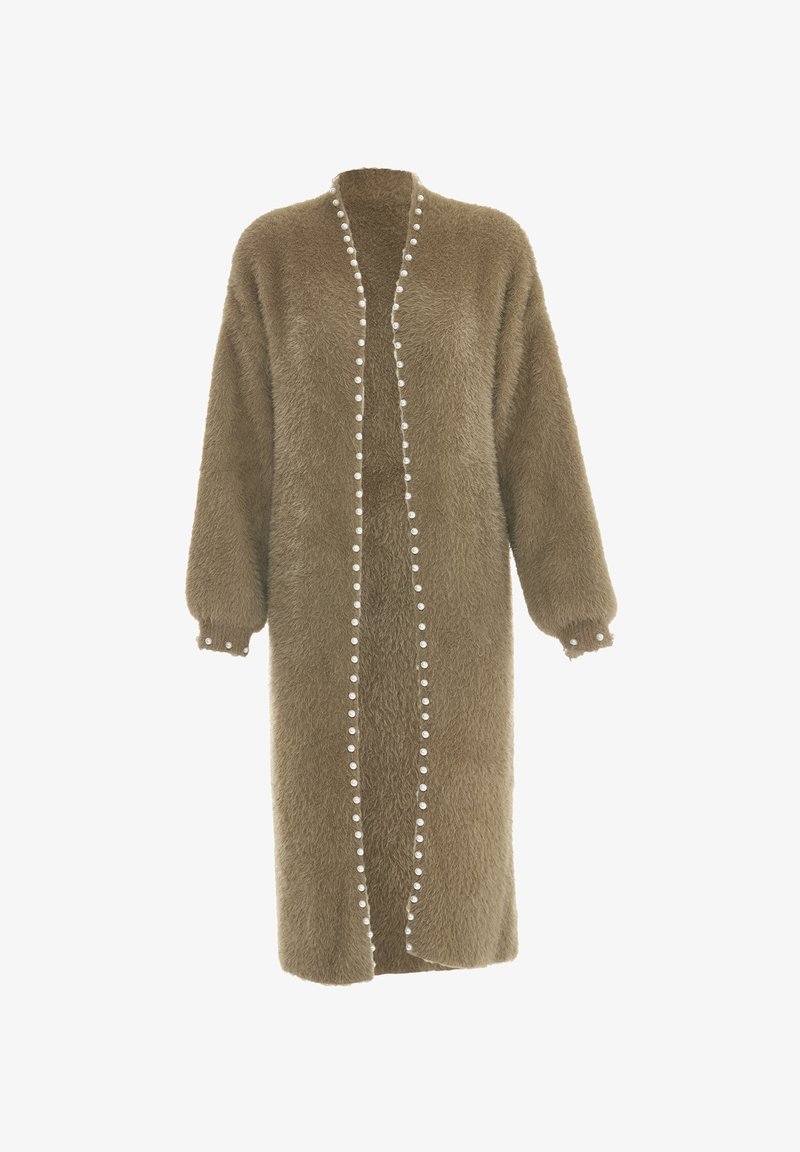 Faux fur long cardigan in brown with a soft texture, featuring white decorative buttons along the front and sleeves, open front design.