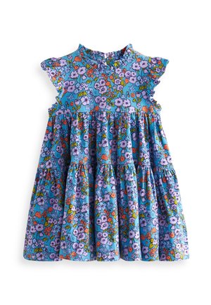 Blå kjole til småbørn med korte flæseærmer og et farverigt blomsterprint i lilla, orange og grøn.