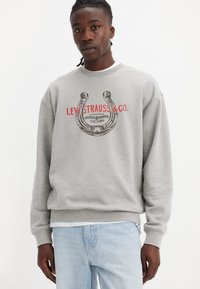 Szürke pulóver kerek nyakkal, grafikai nyomattal, amelyen egy patkó és a "Levi Strauss & Co." felirat pirosban, laza szabással, pamut kever�ék anyagból.