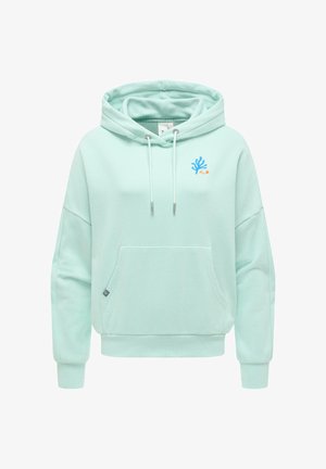 Jasnozielona bluza z kapturem w kolorze mięty, z przednią kieszenią kangurka, kapturem ze sznurkiem, prążkowanymi mankietami i dołem oraz małą niebieską grafiką koralowca na piersi.