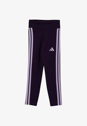 Leggings atletici neri con strisce laterali viola e un piccolo logo Adidas sulla coscia superiore, con una fascia larga in vita.