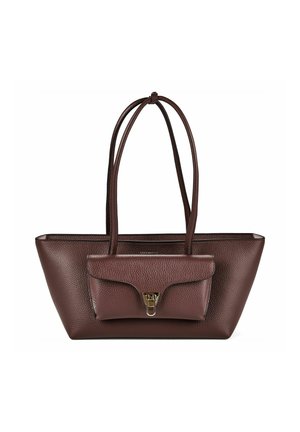 Sac à main en cuir marron foncé avec deux anses et une poche avant à rabat avec une fermeture métallique, présenté sur fond blanc.