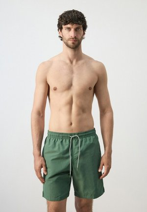 Uomo senza maglietta con capelli corti e scuri, indossa pantaloncini da bagno verdi con coulisse, in piedi davanti a uno sfondo grigio chiaro uniforme, rivolto verso l'obiettivo.