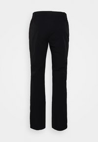 Pantaloni tecnici neri con design a gamba dritta, vita elastica e texture liscia. Presentano nessuna cucitura visibile o tasche.