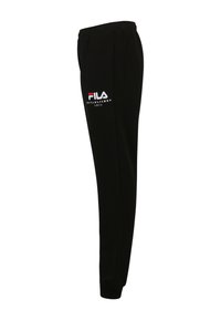 Schwarze Jogginghose aus weichem Stoff, mit geradem Bein Design und einem gestickten Logo am linken Oberschenkel. Elastischer Bund für zusätzlichen Komfort.