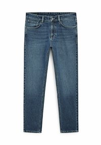 Dark blue denim jeans with a straight leg cut, five-pocket design, and faded front. Features sturdy stitching and a metal button closure.