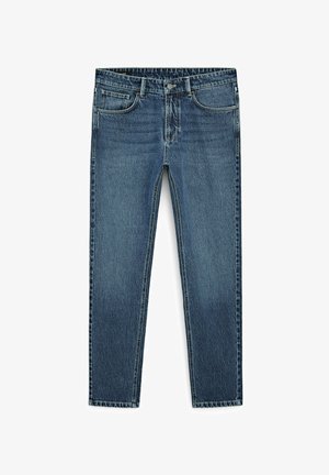 Jeans in denim blu scuro con una vestibilità dritta, design a cinque tasche e frontale sbiadito. Presentano cuciture robuste e chiusura con bottone in metallo.