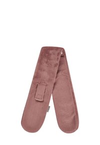 Soft, plush, dusty rose neck warmer with a rectangular shape. Features a strap for adjustment and a smooth texture.