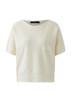 Short-sleeve cream sweater with a round neck, ribbed hem, and a small chest pocket on the left side.