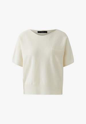 Kurzärmeliger cremefarbener Pullover mit Rundhalsausschnitt, geripptem Saum und einer kleinen Brusttasche auf der linken Seite.