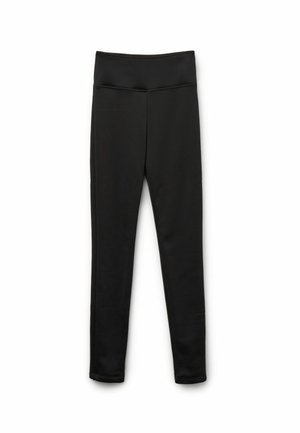 Schwarze Leggings aus einem dehnbaren Stoff mit einem breiten Bund. Sie verfügen über eine glatte Textur und keine sichtbaren Muster oder Beschläge.