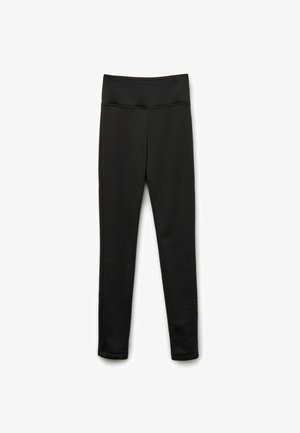 Leggings noirs en tissu extensible avec une large taille. Présentent une texture lisse et sans motifs ni éléments visibles.