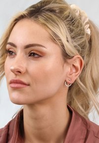 Silberne Creolen mit einem kleinen Stift-Detail, getragen von einer hellhäutigen Person mit langen, welligen blonden Haaren und einem satinmauvefarbenen Shirt.