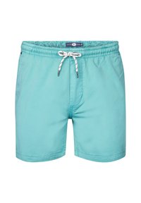 Shorts de bain turquoise avec une taille élastique, fermeture à cordon de serrage et une texture lisse. Comprend des poches latérales et un design simple.