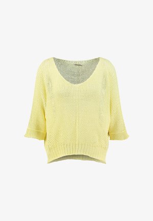 Maglione giallo chiaro a maglia larga con scollo a V e maniche a tre quarti, caratterizzato da orlo a coste e motivo a trama aperta traspirante.