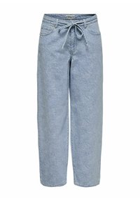 Pantalons en denim bleu clair avec un motif de roses sur toute la surface, coupe décontractée, taille à cordon de serrage et design standard à cinq poches.