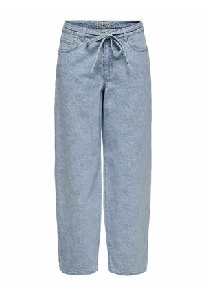 Lichtblauwe denim broek met een overal rozenpatroon, relaxte pasvorm, koordjes in de taille en een standaard vijfvakontwerp.