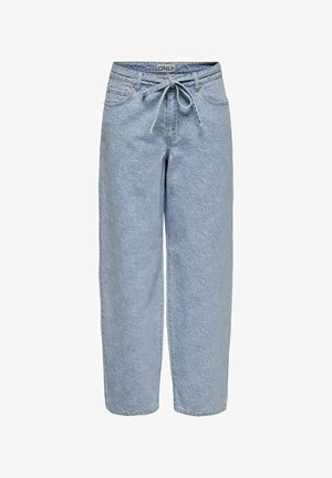 Lichtblauwe denim broek met een overal rozenpatroon, relaxte pasvorm, koordjes in de taille en een standaard vijfvakontwerp.
